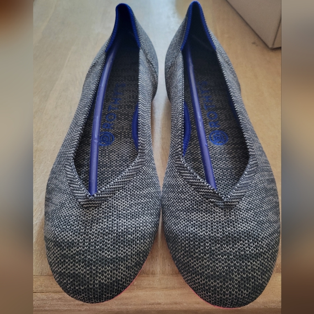 Rothy's Gray Knit Ballet Flats with Blue Trim-Charcoal Birdseye